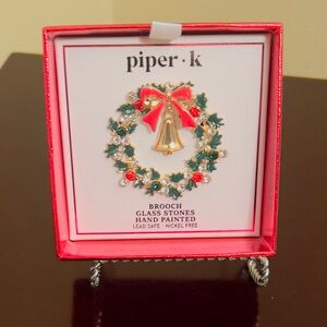 Piper K Festive Wreath Brooch with Red and Green Accents